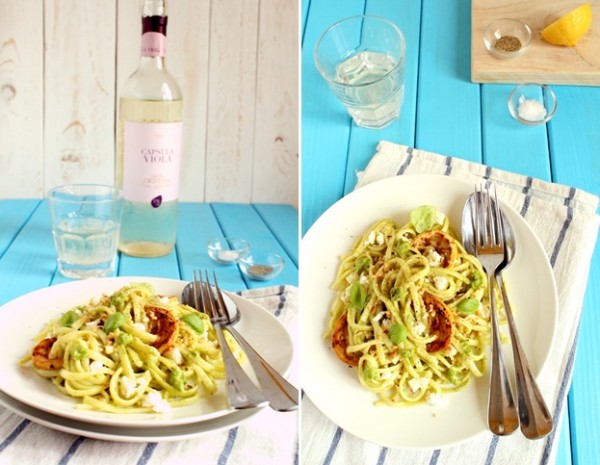 linguine al pesto di rucola con feta e limone candito