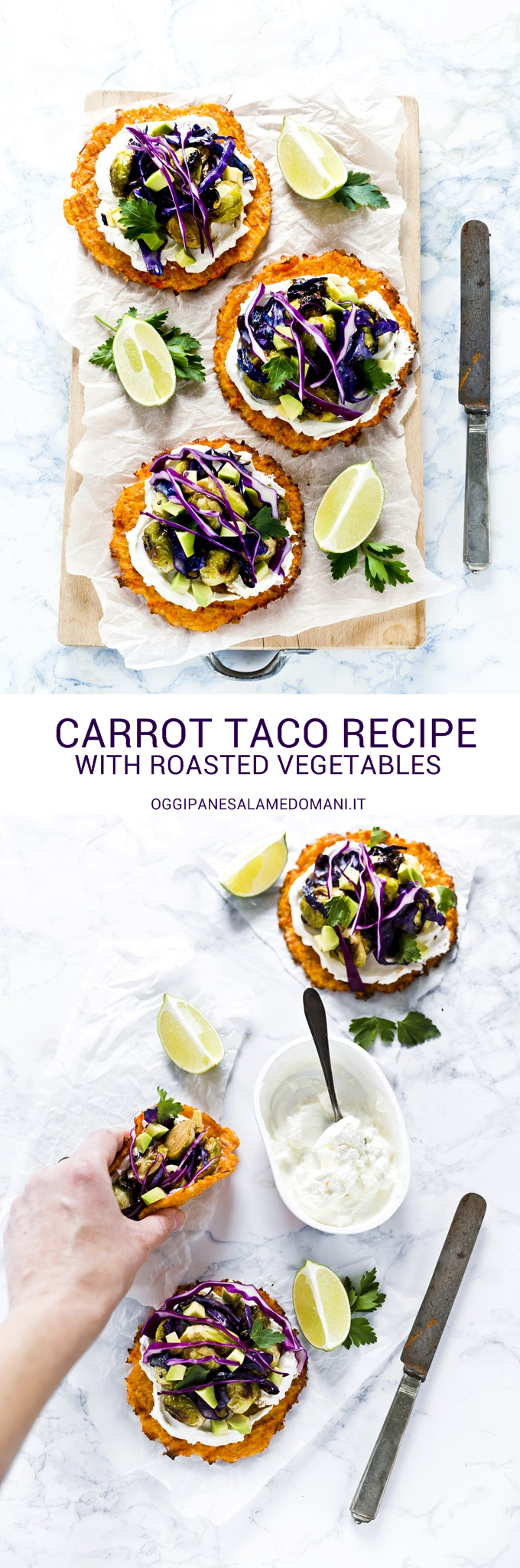 Tacos carote, cavoletti avocado - carrot taco shells with roasted brussels sprouts, avocado and purple cabbage - vegetarian taco recipe - fresco spalmabile Nonno Nanni