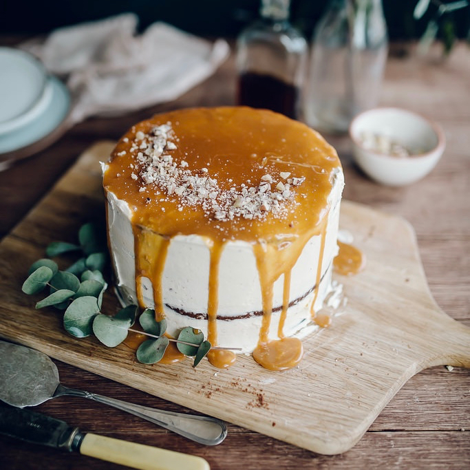 CHOCOLATE WHISKEY CAKE WITH SALTED CARAMEL BUTTERCREAM