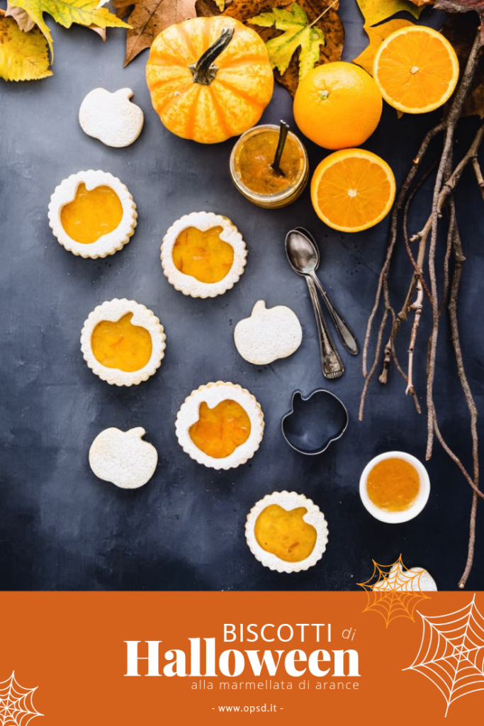 Biscotti di pasta frolla alla marmellata di arance - Biscotti a forma di zucca per Halloween - Halloween pumpkin cookies filled with orange marmalade - Halloween cookies